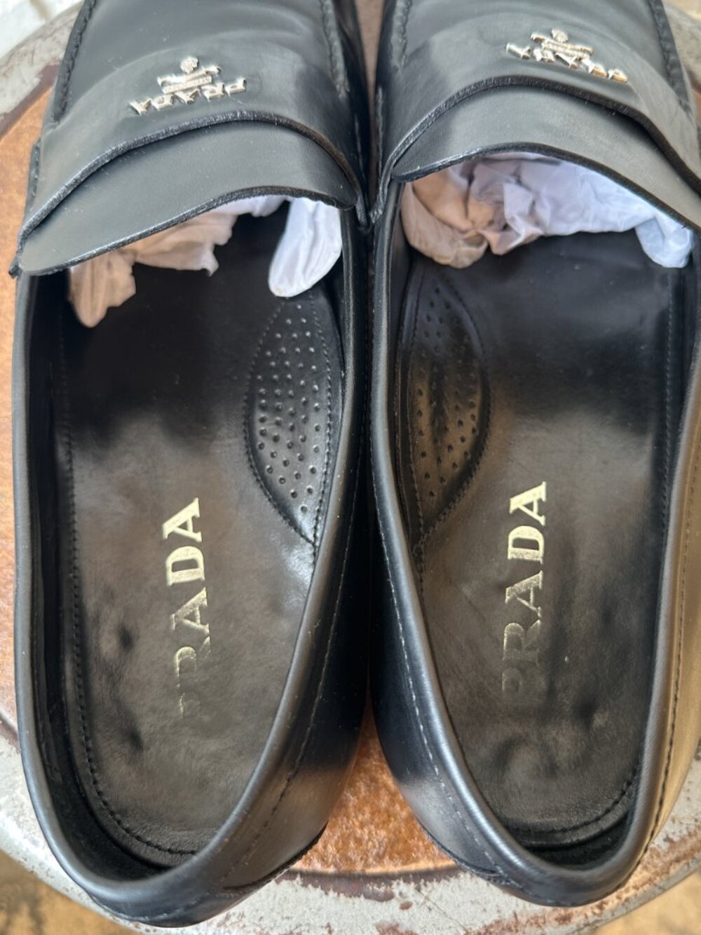 Prada Men's Black Leather Penny Loafers Triangle Logo Moc Toe - UK Size 10.5 - Picture 3 of 7